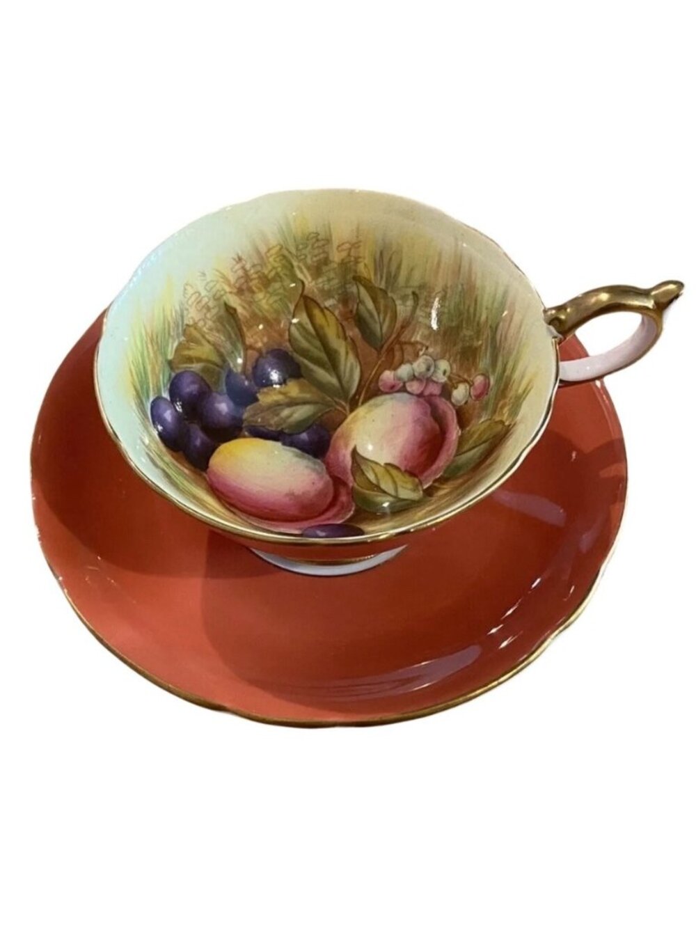 Aynsley Orchard Rust Colored Tea Cup And Saucer Gold Gilt Trim Signed D. Jones